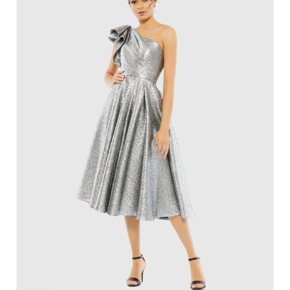 NWT Mac Duggal Silver One Shouldr Brocade Ruffle Metallic Fit Flare Midi Dress 4